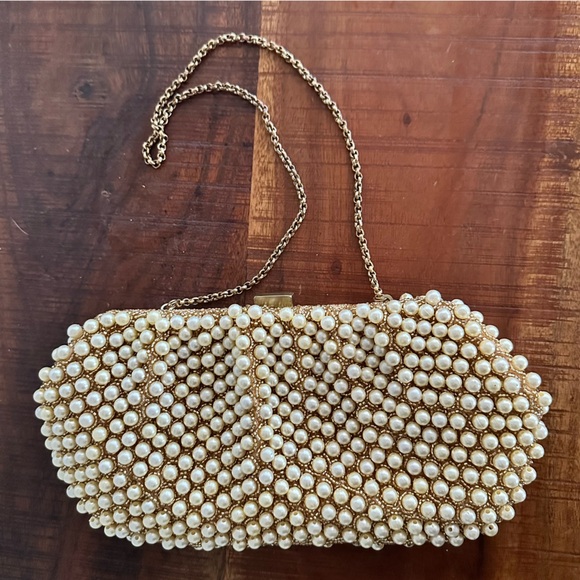Anthropologie Santi Gemelli Clutch Pearl Chain Gold Taupe Summer Wedding - Picture 2 of 7